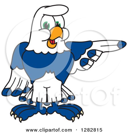 Clipart of a Happy Seahawk School Mascot Character Pointing to the Right - Royalty Free Vector Illustration by Mascot Junction