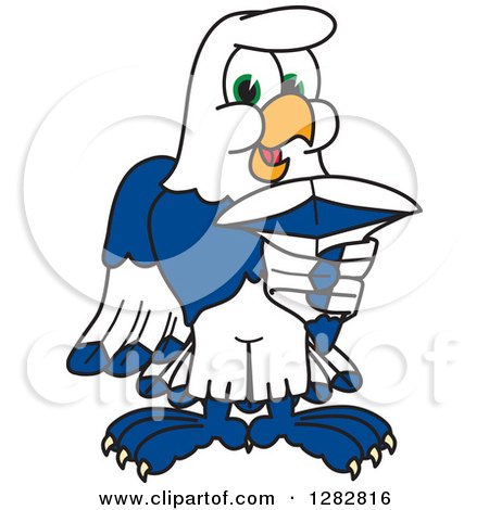 Clipart of a Happy Seahawk School Mascot Character Pointing Outwards - Royalty Free Vector Illustration by Mascot Junction