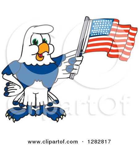 Clipart of a Happy Seahawk School Mascot Character Holding an American Flag - Royalty Free Vector Illustration by Mascot Junction