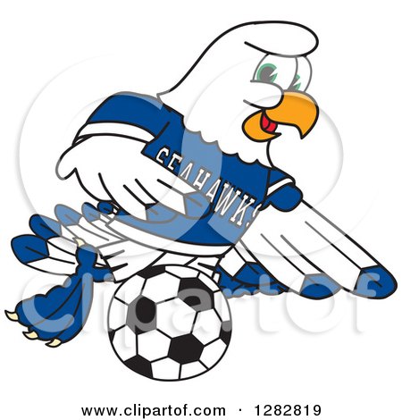Clipart of a Happy Seahawk Sports School Mascot Character Playing Soccer - Royalty Free Vector Illustration by Mascot Junction