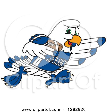 Clipart of a Happy Seahawk Sports School Mascot Character Running with an American Football - Royalty Free Vector Illustration by Mascot Junction