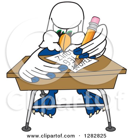 Clipart of a Seahawk School Mascot Character Writing at a Desk - Royalty Free Vector Illustration by Mascot Junction
