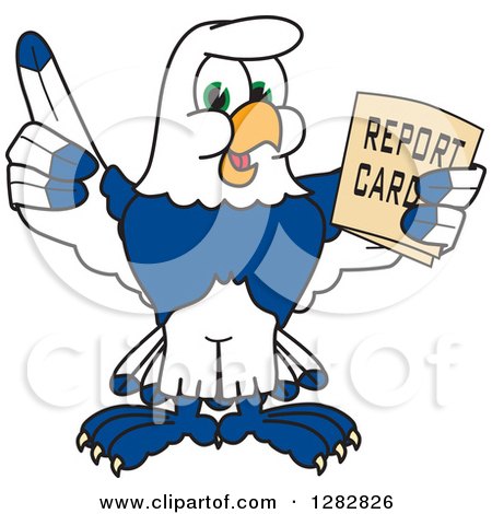Clipart of a Happy Seahawk School Mascot Character Holding up a Finger and a Report Card - Royalty Free Vector Illustration by Mascot Junction