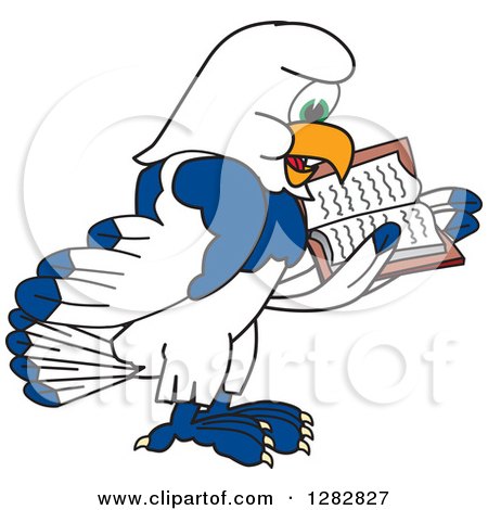 Clipart of a Happy Seahawk School Mascot Character Facing Right and Reading a Book - Royalty Free Vector Illustration by Mascot Junction