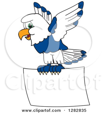 Clipart of a Happy Seahawk School Mascot Character Flying with a Blank Sign - Royalty Free Vector Illustration by Mascot Junction