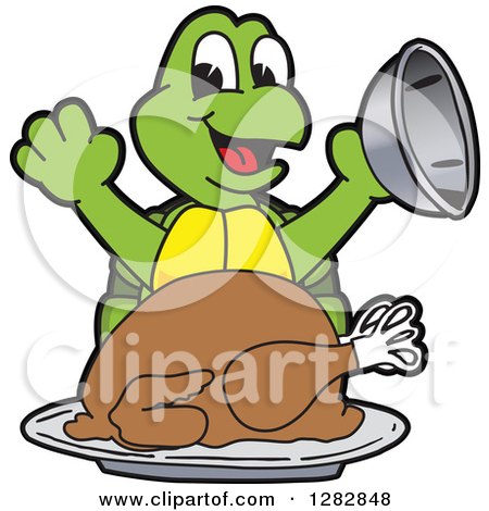 Clipart of a Happy Turtle School Mascot Character Serving a Roasted Thanksgiving Turkey - Royalty Free Vector Illustration by Mascot Junction