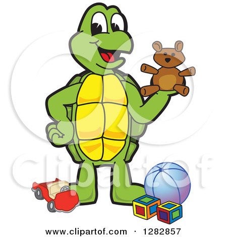 Clipart of a Happy Turtle School Mascot Character with Toys - Royalty Free Vector Illustration by Mascot Junction