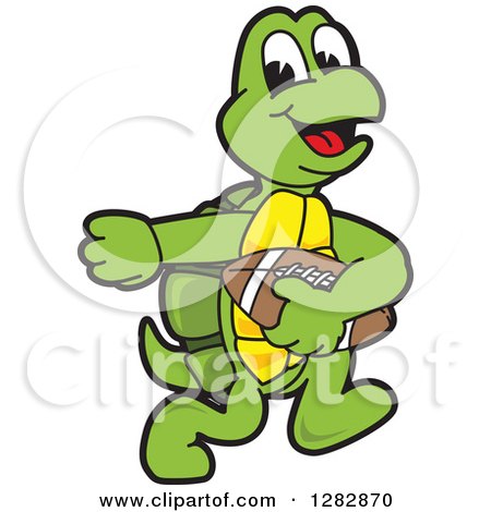 Clipart of a Happy Turtle School Sports Mascot Character Playing Football - Royalty Free Vector Illustration by Mascot Junction
