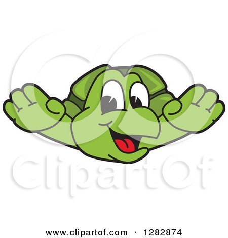 Clipart of a Happy Turtle School Mascot Character Flying or Leaping - Royalty Free Vector Illustration by Mascot Junction