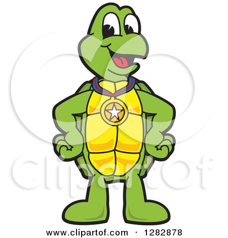 Clipart of a Happy Turtle School Sports Mascot Character Wearing a Medal - Royalty Free Vector Illustration by Mascot Junction