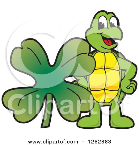 Clipart of a Happy Turtle School Mascot Character with a St Patricks Day Four Leaf Clover Shamrock - Royalty Free Vector Illustration by Mascot Junction