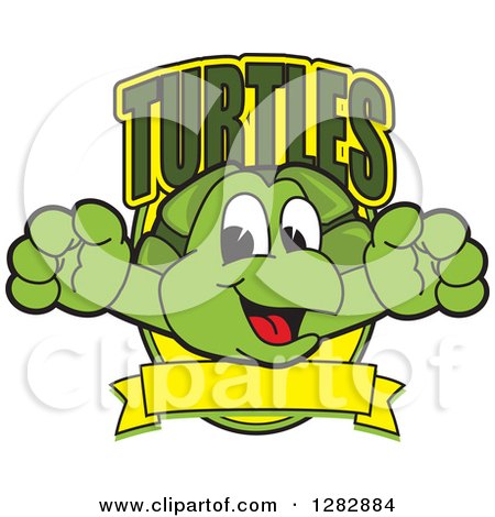 Clipart of a Happy Turtle School Mascot Character Leaping out from a Shield with Text and a Blank Banner - Royalty Free Vector Illustration by Mascot Junction