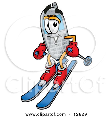 Clipart Picture of a Wireless Cellular Telephone Mascot Cartoon Character Skiing Downhill by Mascot Junction