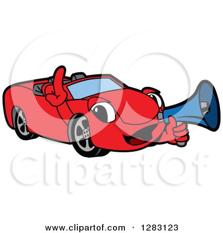 Clipart of a Happy Red Convertible Car Mascot Character Announcing with a Megaphone - Royalty Free Vector Illustration by Mascot Junction