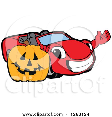 Clipart of a Happy Red Convertible Car Mascot Character Waving by a Halloween Jackolantern Pumpkin - Royalty Free Vector Illustration by Mascot Junction