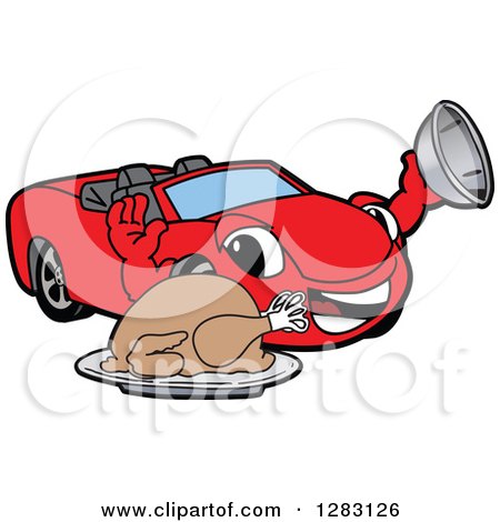 Clipart of a Happy Red Convertible Car Mascot Character Serving a Thanksgiving Turkey - Royalty Free Vector Illustration by Mascot Junction