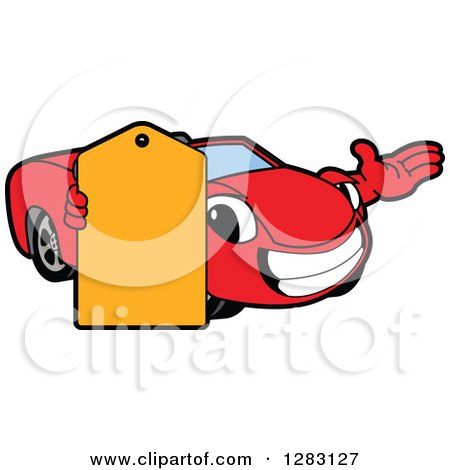 Clipart of a Happy Red Convertible Car Mascot Character Presenting and Holding a Price Tag - Royalty Free Vector Illustration by Mascot Junction
