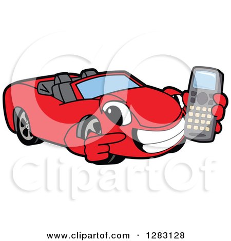 Clipart of a Happy Red Convertible Car Mascot Character Holding and Pointing to a Cell Phone - Royalty Free Vector Illustration by Mascot Junction