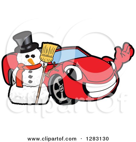 Clipart of a Happy Red Convertible Car Mascot Character Waving by a Christmas Snowman - Royalty Free Vector Illustration by Mascot Junction