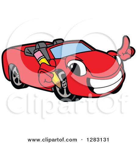 Clipart of a Happy Red Convertible Car Mascot Character Holding a Pencil - Royalty Free Vector Illustration by Mascot Junction