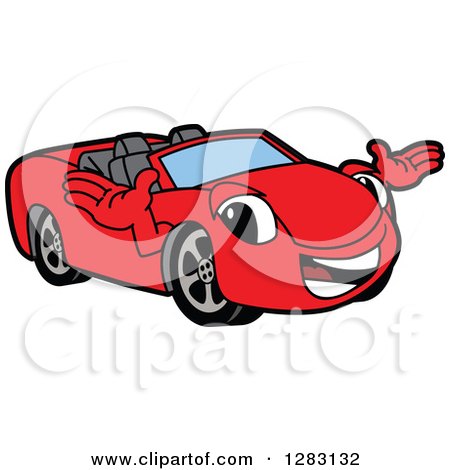 Clipart of a Happy Red Convertible Car Mascot Character Welcoming - Royalty Free Vector Illustration by Mascot Junction