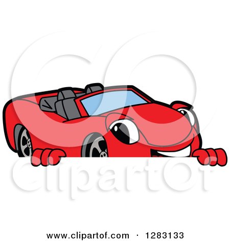 Clipart of a Happy Red Convertible Car Mascot Character Smiling over a Sign - Royalty Free Vector Illustration by Mascot Junction