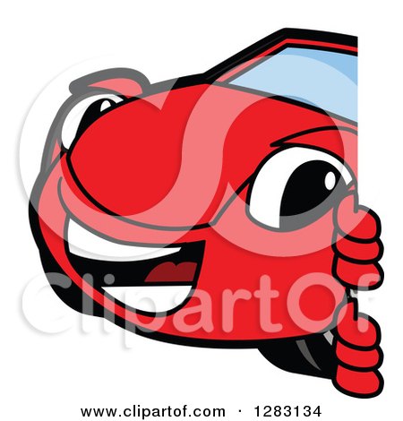 Clipart of a Happy Red Convertible Car Mascot Character Smiling Around a Sign - Royalty Free Vector Illustration by Mascot Junction