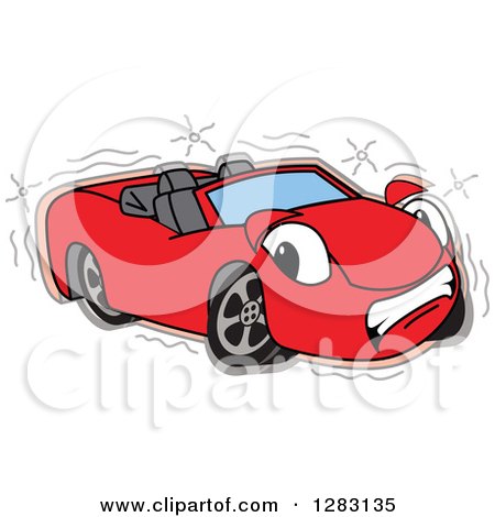 Clipart of a Sad Red Convertible Car Mascot Character After an Accident - Royalty Free Vector Illustration by Mascot Junction