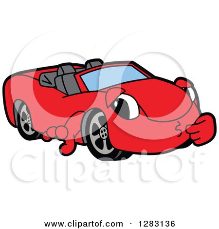 Clipart of a Red Convertible Car Mascot Character Thinking - Royalty Free Vector Illustration by Mascot Junction
