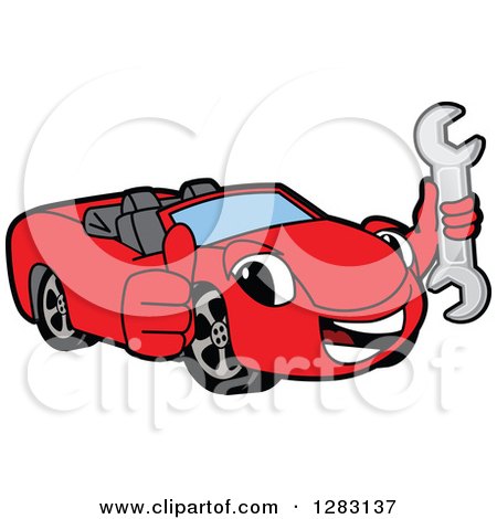Clipart of a Happy Red Convertible Car Mascot Character Holding a Thumb up and a Wrench - Royalty Free Vector Illustration by Mascot Junction