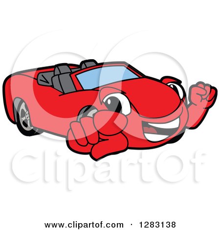 Clipart of a Happy Red Convertible Car Mascot Character Pointing at You - Royalty Free Vector Illustration by Mascot Junction