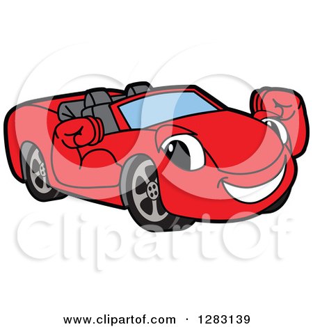 Clipart of a Happy Red Convertible Car Mascot Character Flexing His Muscles - Royalty Free Vector Illustration by Mascot Junction