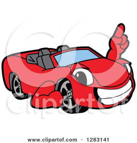 Clipart of a Happy Red Convertible Car Mascot Character Holding up a Finger - Royalty Free Vector Illustration by Mascot Junction