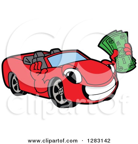 Clipart of a Happy Red Convertible Car Mascot Character Holding Cash Money - Royalty Free Vector Illustration by Mascot Junction