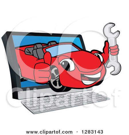Clipart of a Happy Red Convertible Car Mascot Character Holding a Thumb up and Emerging from a Computer Screen - Royalty Free Vector Illustration by Mascot Junction