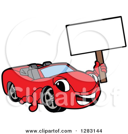Clipart of a Happy Red Convertible Car Mascot Character Holding up a Blank Sign - Royalty Free Vector Illustration by Mascot Junction