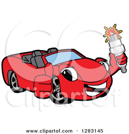 Clipart of a Happy Red Convertible Car Mascot Character Holding a Thumb up and Spark Plug - Royalty Free Vector Illustration by Mascot Junction