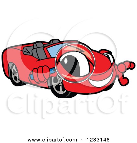 Clipart of a Happy Red Convertible Car Mascot Character Looking Through a Magnifying Glass - Royalty Free Vector Illustration by Mascot Junction