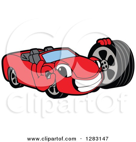 Clipart of a Happy Red Convertible Car Mascot Character Gesturing Ok and Holding a Tire - Royalty Free Vector Illustration by Mascot Junction