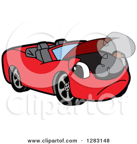 Clipart of a Sad Red Convertible Car Mascot Character Smoking - Royalty Free Vector Illustration by Mascot Junction