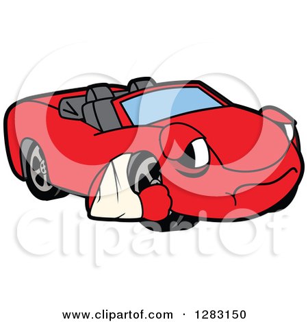 Clipart of a Sad Red Convertible Car Mascot Character with an Arm in a Sling - Royalty Free Vector Illustration by Mascot Junction