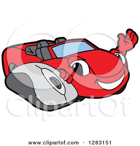 Clipart of a Happy Red Convertible Car Mascot Character Waving by a Computer Mouse - Royalty Free Vector Illustration by Mascot Junction
