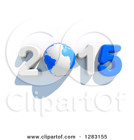 Clipart of a 3d Blue and White Year 2015 with an Earth Globe As the Zero, over White - Royalty Free Illustration by chrisroll