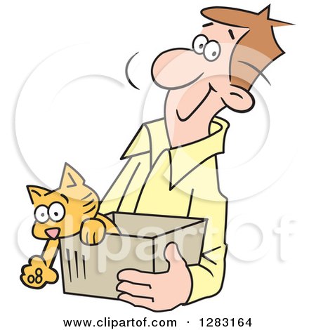 Clipart of a Happy Brunette Caucasian Man Carrying a Kitten in a Box - Royalty Free Vector Illustration by Johnny Sajem