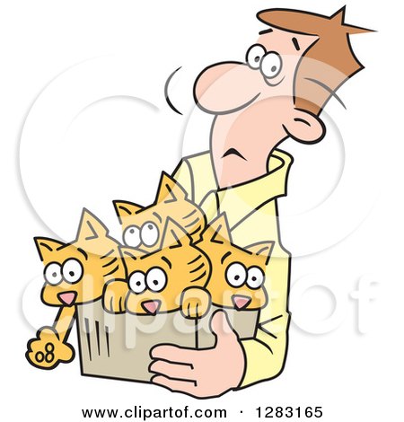 Clipart of a Stressed Brunette Caucasian Man Carrying Kittens in a Box - Royalty Free Vector Illustration by Johnny Sajem