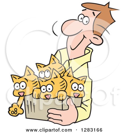 Clipart of a Happy Brunette Caucasian Man Carrying Kittens in a Box - Royalty Free Vector Illustration by Johnny Sajem