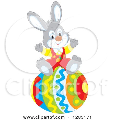 Clipart of a Happy Gray Bunny Rabbit Cheering on a Giant Easter Egg - Royalty Free Vector Illustration by Alex Bannykh