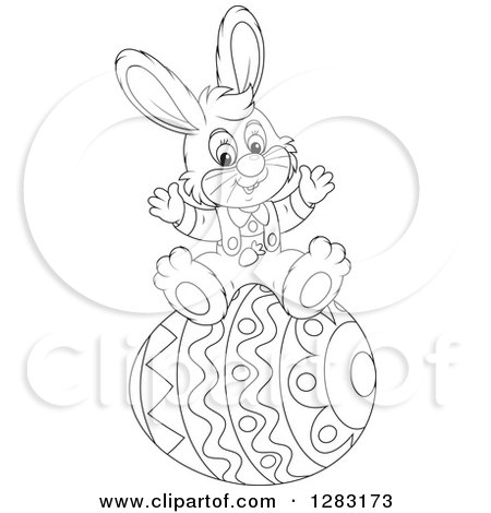 Clipart of a Happy Black and White Easter Bunny Rabbit Cheering on a Giant Egg - Royalty Free Vector Illustration by Alex Bannykh
