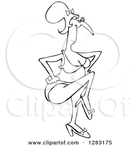 Clipart of a Black and White Senior Woman Dancing in a Bikini - Royalty Free Vector Illustration by djart
