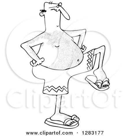 Clipart of a Black and White Senior Man Dancing in Swim Trunks - Royalty Free Vector Illustration by djart